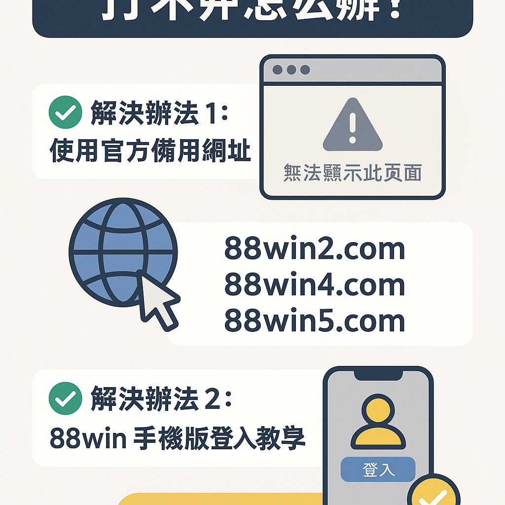 「88win 登入錯誤解決圖示，備用網址與手機教學示意」