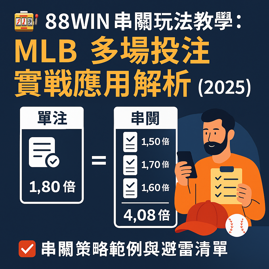 圖像展示 MLB 串關賠率乘算邏輯、單注與多注比較與投注策略圖解，適用 88WIN 串關玩家使用