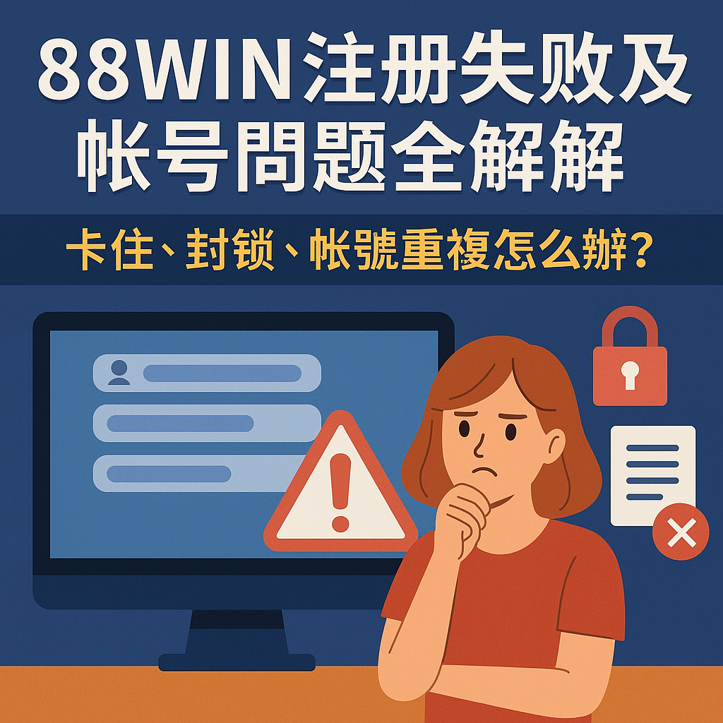 圖像呈現娛樂城註冊卡住與帳號封鎖的畫面，包含警告圖示、註冊手機介面與真人客服聯繫意象，說明 88WIN 帳號常見問題處理方式