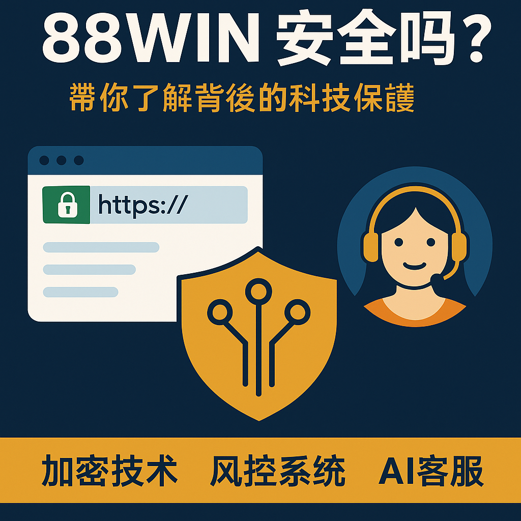 88WIN網站安全技術圖示,呈現加密傳輸、AI風控與客服系統的數位保護意象