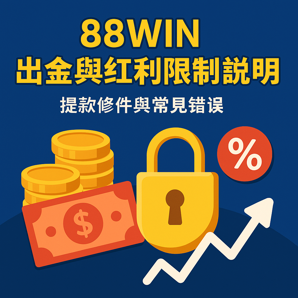 88WIN 出金與紅利限制封面圖,含提款圖示、紅利金幣與流水限制圖像