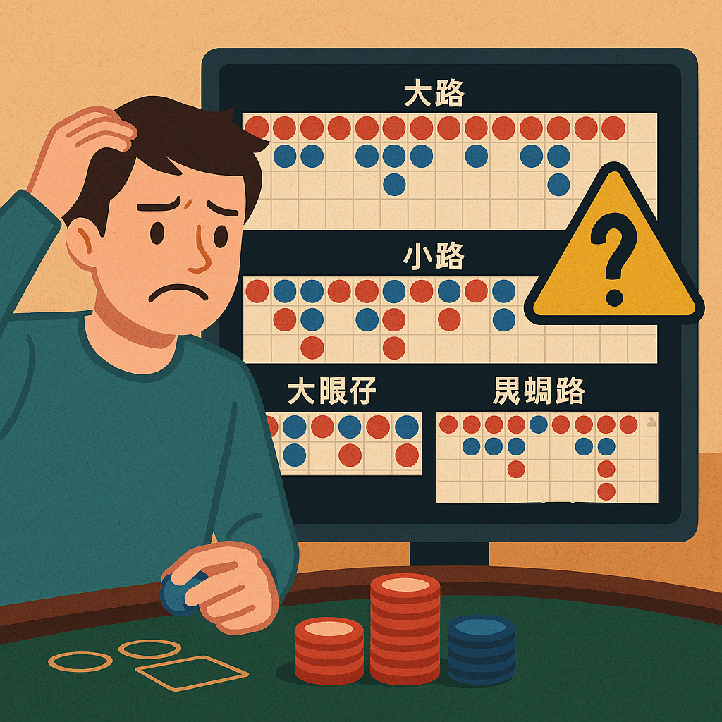 圖像包含百家樂圖表(大路、小路、大眼仔)與警示符號(問號/破碎感)