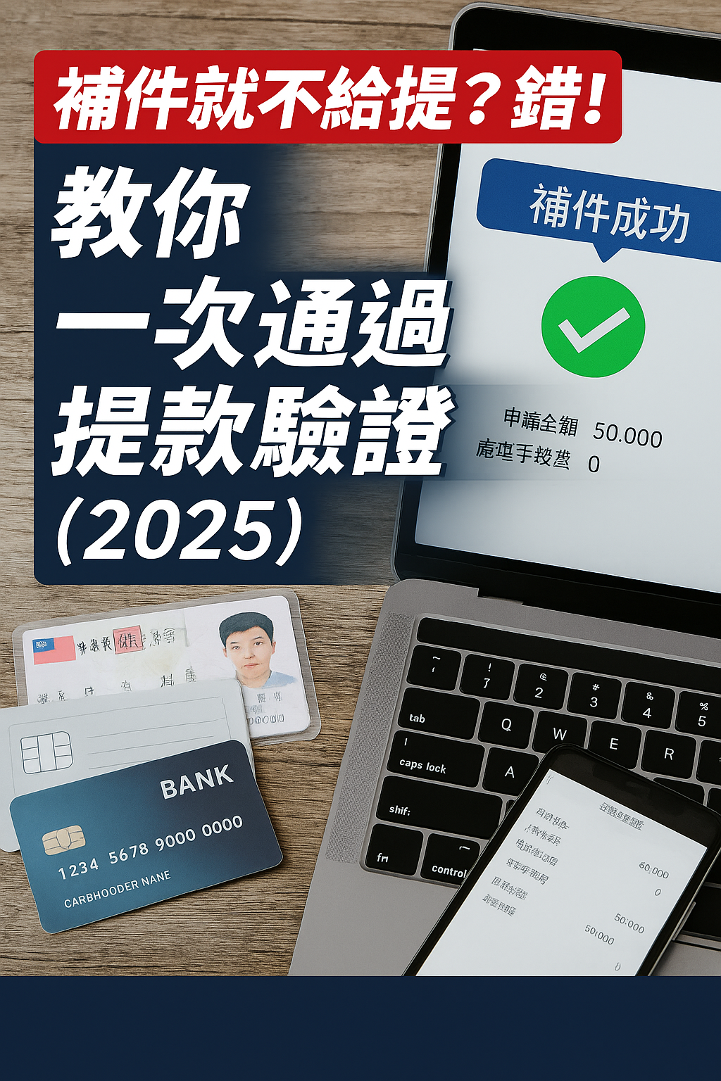 一張提款畫面顯示補件成功,旁邊有身分證與銀行卡、圖像代表提款驗證流程安全可控,營造出金安心感