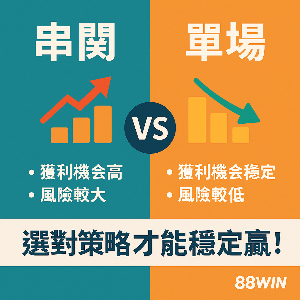 88WIN 比較串關與單場投注的圖解，顯示獲利機會與風險差異