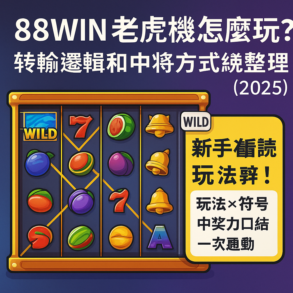 一張老虎機介面顯示轉輪與中獎線條，搭配 Wild、Scatter 說明圖示，象徵新手教學與玩法解析視覺風格