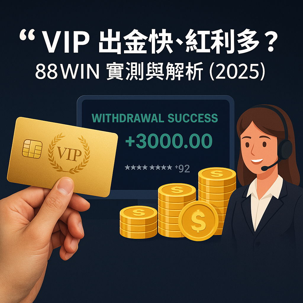 圖片呈現 88WIN VIP 玩家享有快速提款通道與高比例紅利，背景含提款記錄與金幣獎勵圖案，凸顯高階會員待遇