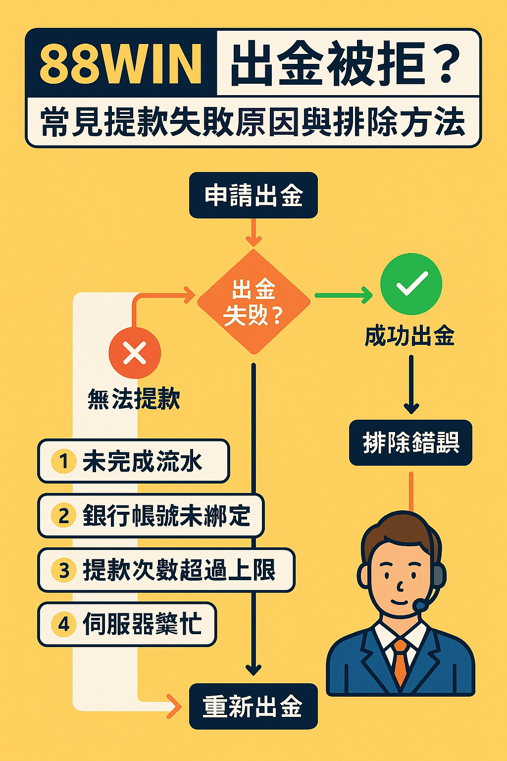 88WIN 出金被拒封面圖，說明提款失敗常見錯誤與排除方式